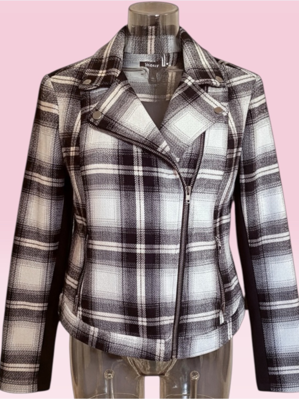 Torrid Black & White & Pink Plaid Moto-Style Bomber Jacket
